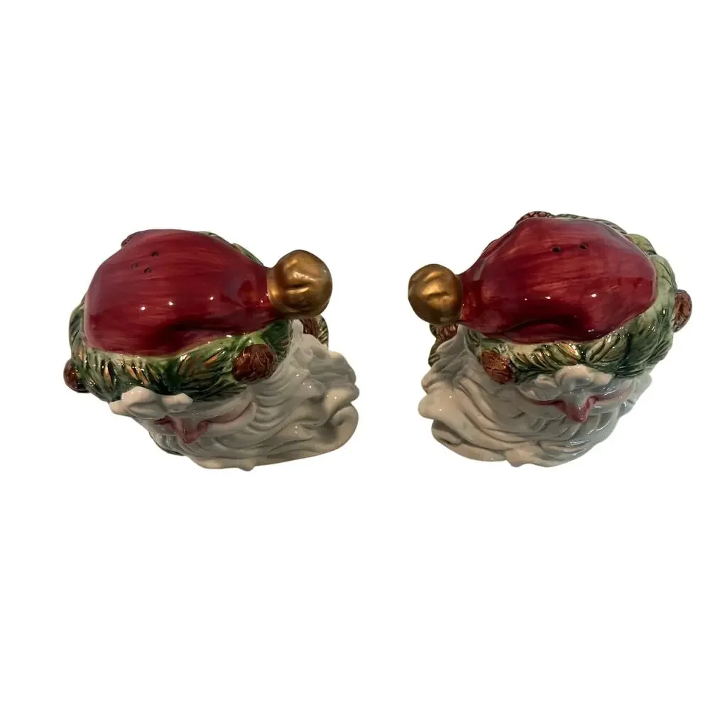 Figural Santa Claus Head Salt and Pepper Shakers with Pinecone and Evergreen